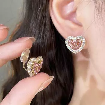 Уникальный дизайн, женские серьги-клипсы в форме сердца с розовым цирконием и геометрическим узором без отверстий для ушей