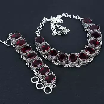 Уникальный красный гранат драгоценный камень ручной работы 925 стерлингового серебра ювелирные изделия красный гранат ожерелье браслет комплект, антикварный ювелирный комплект, браслет, подарок на годовщину 20 красный