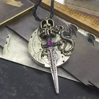 Уникальный креативный винтажный череп Migic меч с крыльями дракона с веревкой, кулон, длинная цепочка, мужское медное ожерелье, ювелирные изделия