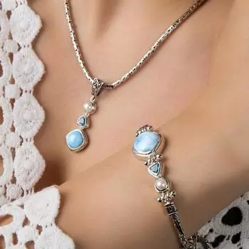 Уникальный кулон ручной работы из стерлингового серебра 925 пробы, красивый натуральный синий карибский ларимар и жемчужный кулон для женщин, девушек и женщин 45cm