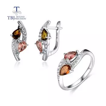 Уникальный натуральный многоцветный турмалин, серьги-кольца, комплект ювелирных изделий из стерлингового серебра 925 пробы, простой повседневный стильный дизайн для женщин us ring size 6# розовый/коричневый