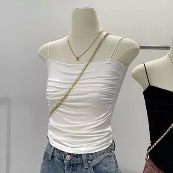 Уникальный плиссированный топ-труба - однотонный облегающий крой, лето 2024 г.