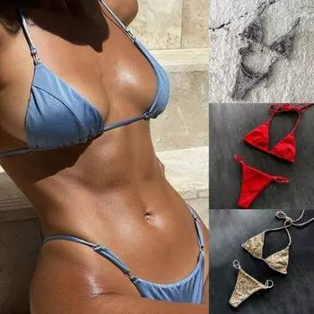 Уникальный пляжный купальник с эффектом пуш-ап, легкий дышащий бюстгальтер с микро-треугольниками и низкой талией, купальник-стринги для пляжа M красный