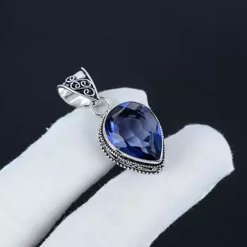 Уникальный серебряный кулон с драгоценным камнем аметист из стерлингового серебра 925 пробы — дизайн груши ручной работы, повседневное украшение, подарок на помолвку 1.77 синий