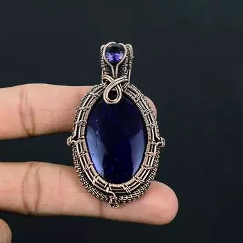 Уникальный синий блестящий лабрадор и аметист, драгоценный камень ручной работы, ювелирная подвеска из чистой медной проволоки 2.56 Inches синий