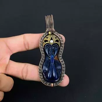Уникальный синий молящийся женский драгоценный камень из чистой медной проволоки, обернутый ювелирными изделиями ручной работы 3.94 Inches синий