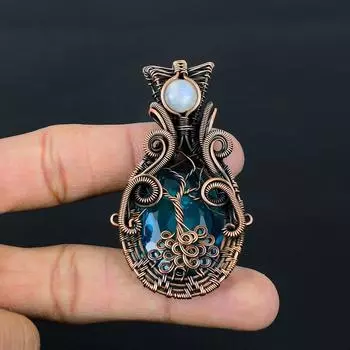 Уникальный синий топаз и лунный камень, драгоценные камни, подвеска ручной работы из чистой медной проволоки, обернутая ювелирными изделиями 2.56 Inches синий