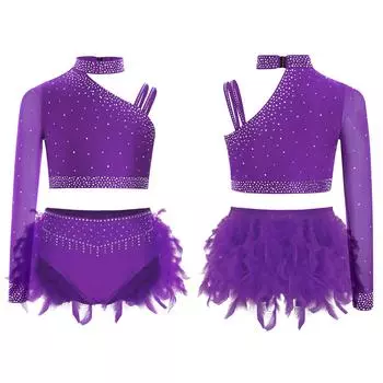Уникальный танцевальный топ для девочек, сверкающие стразы, неровный дизайн плеч с отделкой из перьев, трусики, комплект для выступлений 5-6 Years фиолетовый