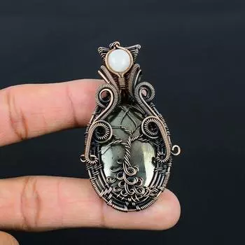 Уникальный золотой апачский пирит и лунный камень, драгоценный камень, ювелирная подвеска ручной работы из чистой медной проволоки 2.68 Inches золотистый