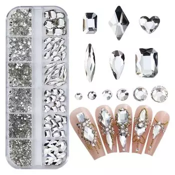 Unikato Стразы для ногтей Камень для ногтей Камень для ногтей 3D Плоское дно Алмазное сердце Прямоугольник Круглый Детали для дизайна ногтей Кристалл AB Стразы (белый) белый