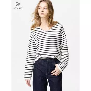 Uniqlo 3D Knit Cotton Свободный свитер с V-образным вырезом в полоску 01 OFF WHITE/WOMEN XS