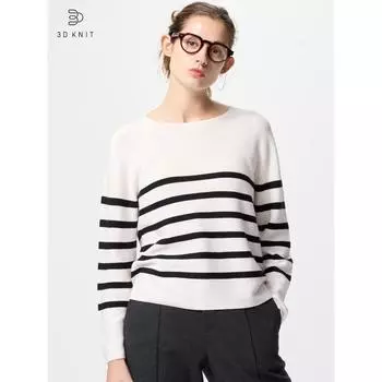 Uniqlo 3D трикотажный хлопковый свитер с круглым вырезом в полоску 00 WHITE/WOMEN XS