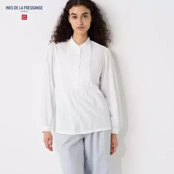 UNIQLO блузка из жатого хлопка с защипами и длинными рукавами