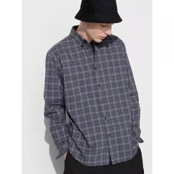 Uniqlo Broad Shirt LonG Sleeve Button Down Collar Check G 08 DARK GRAY/MEN S