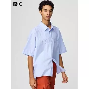 Uniqlo Broadcloth Oversized Shirt Short Sleeve Stripe B 62 BLUE/UNISEX S
