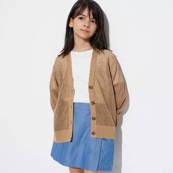 UNIQLO JAPAN GIRLS моющийся сетчатый кардиган с v-образным вырезом и длинными рукавами