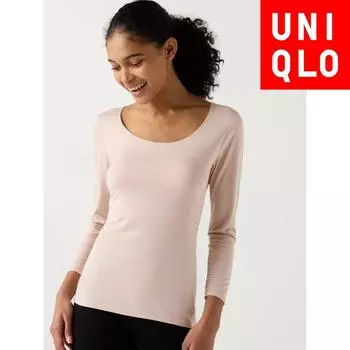Uniqlo Japan HeaTTech U-образный вырез футболка с рукавом 8 мин. 11 PINK/S