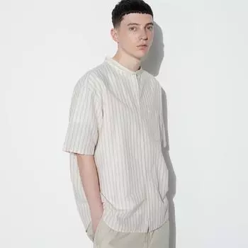 UNIQLO JAPAN хлопково-льняная рубашка в полоску с воротником-стойкой и короткими рукавами