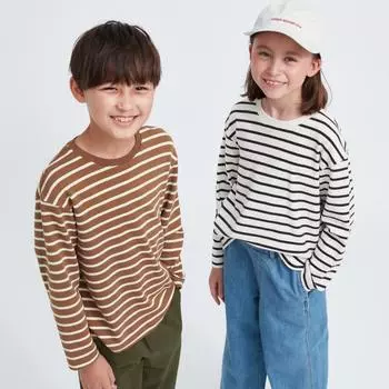 UNIQLO JAPAN KIDS Soft Touch Полосатая футболка с круглым вырезом и длинными рукавами 01 OFF WHITE/100