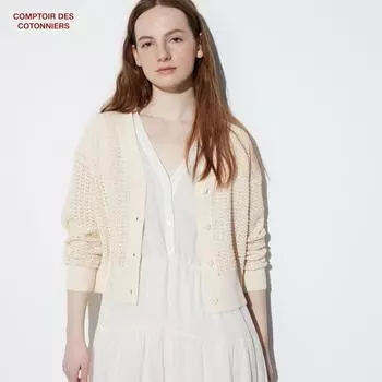 UNIQLO JAPAN Льняной хлопок Ажурный кардиган с длинными рукавами Contour Decotonnier