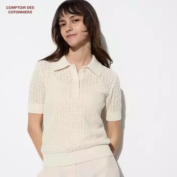 UNIQLO JAPAN льняной хлопок ажурный свитер-поло с короткими рукавами