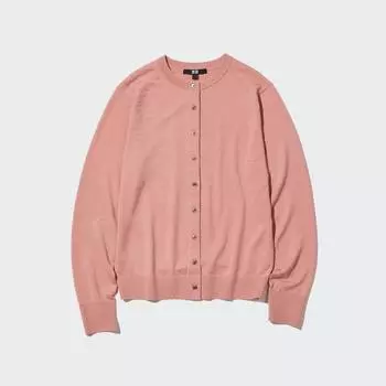 UNIQLO JAPAN Очень тонкий кардиган из шерсти мериноса с круглым вырезом и длинными рукавами