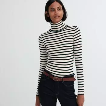 UNIQLO JAPAN Очень тонкий свитер в рубчик из шерсти мериноса с длинными рукавами