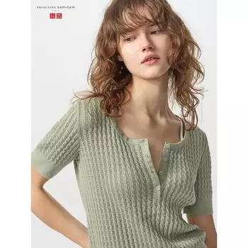 Uniqlo Japan Point Tail Knit Henley Neck свитер с коротким рукавом 01 OFF WHITE/S