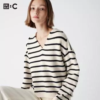 UNIQLO JAPAN полосатый короткий свитер с v-образным вырезом и длинными рукавами