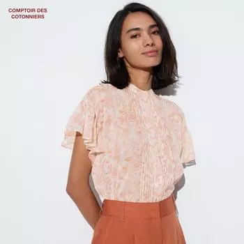 UNIQLO JAPAN Прозрачная рубашка с принтом и коротким рукавом Contour Decotonnier