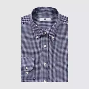 UNIQLO JAPAN Рубашка в мелкую перекрестную клетку, воротник на пуговицах, длинные рукава