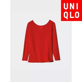 UNIQLO JAPAN ультра теплая футболка из хлопка Heattech с U-образным вырезом и рукавом 8 минут 01 OFF WHITE/XS