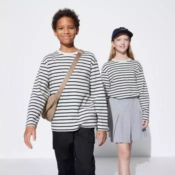 UNIQLO KIDS Мягкая футболка с круглым вырезом и длинными рукавами с каймой