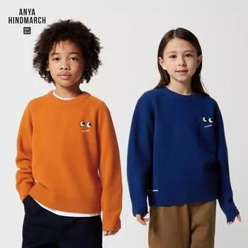 UNIQLO KIDS PREMIUM LAMS ШЕРСТЯНОЙ СВИТЕР С КРУГЛЫМ ВЫРЕЗОМ, длинными рукавами