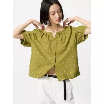 Uniqlo льняная смесь с объемными рукавами блузка с коротким рукавом принт 00 WHITE/WOMEN XS