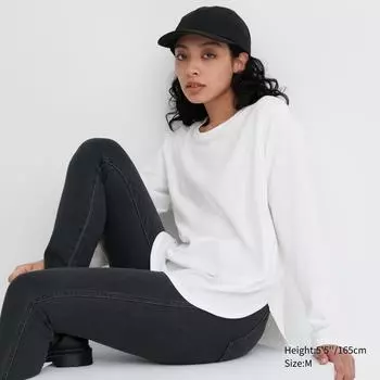 UNIQLO Мягкая хлопковая футболка с круглым краем и длинными рукавами