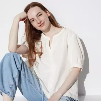 UNIQLO объемная блузка из смесового льна с короткими рукавами