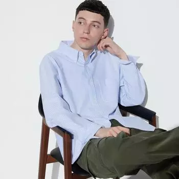 UNIQLO Оксфордская рубашка в полоску с длинным рукавом