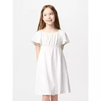 Uniqlo Платье для девочек с расклешенными рукавами и коротким рукавом 01 OFF WHITE/KIDS 100