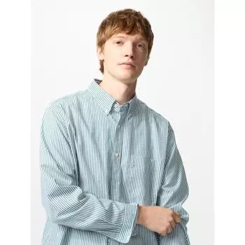 Uniqlo Рубашка BroAdcloth с длинным рукавом и воротником-стойкой в полоску A 31 BEIGE/MEN S