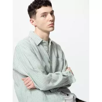 Рубашка Uniqlo Premium Linen с длинным рукавом в полоску A 01 OFF WHITE/MEN S