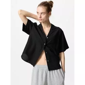 Uniqlo Рубашка из льняной смеси с открытым воротником и коротким рукавом 01 OFF WHITE/WOMEN XS