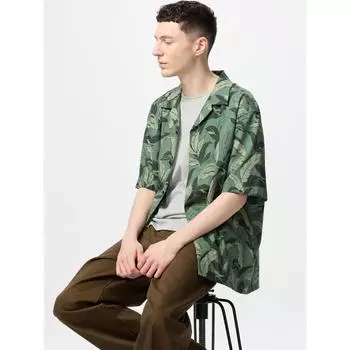 Uniqlo Рубашка из модального хлопка с открытым воротником и коротким рукавом с принтом C 56 OLIVE/MEN S