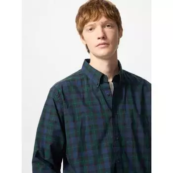 Uniqlo Рубашка из тонкого сукна с длинным рукавом и воротником на пуговицах в клетку E 69 NAVY/MEN S