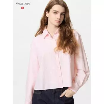 Uniqlo Рубашка Oxford с длинным рукавом в полоску 10 PINK/WOMEN L
