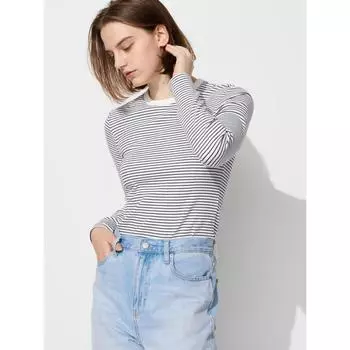 Футболка Uniqlo SofT Lip T с длинным рукавом в полоску 01 OFF WHITE/WOMEN XS