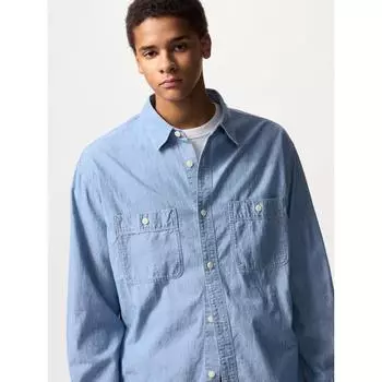 Uniqlo Шамбре Верхняя рубашка с длинным рукавом 61 BLUE/UNISEX S
