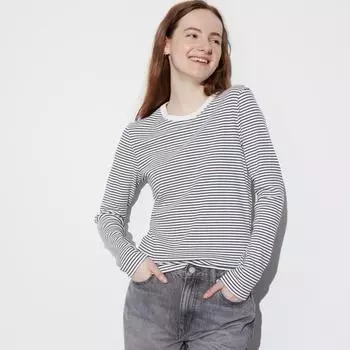 Футболка Uniqlo Japan SofT Rib Border с круглым вырезом и длинными рукавами 01 OFF WHITE/XS