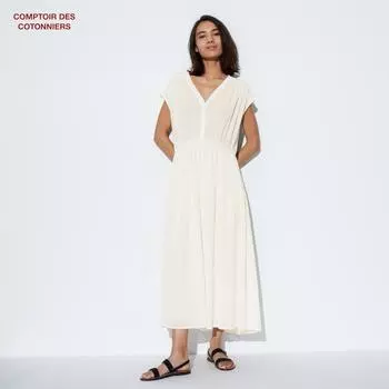 UNIQLO ЯПОНИЯ Прозрачное хлопковое платье с короткими рукавами и декотоньером