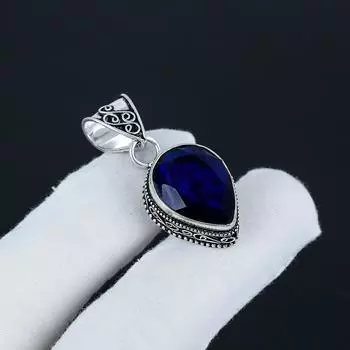 Unique Blue Sapphire Gemstone Silver Pendant in 925 Sterling Silver - Handmade Pear Design, Everyday Wear Jewelry Anniversary Gift 1.77 синий